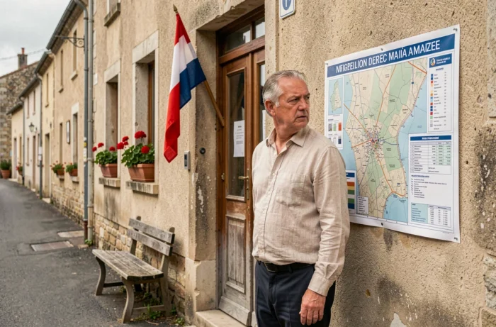 Homme consultant un panneau administratif devant la mairie d'un petit village français avec drapeau tricolore