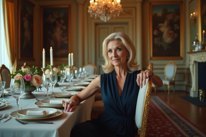 Femme distinguée en robe de soirée assise à une table de banquet dans un manoir, illustrant le rôle de maîtresse de maison d'une grande famille