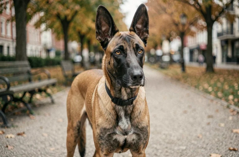 Malinois belge en alerte dans un parc urbain, posture athlétique et regard vif, portrait en contre-plongée