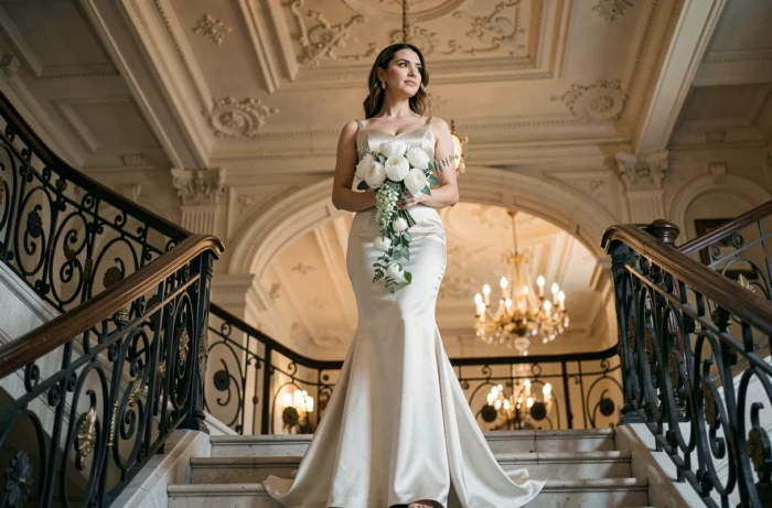Mariée en robe de satin ivoire tenant un bouquet de pivoines blanches au sommet d'un grand escalier dans un palace parisien
