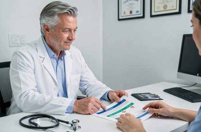Médecin expliquant les options de mutuelle santé à un patient dans un cabinet médical, dans le contexte d'une prise en charge de maladie chronique