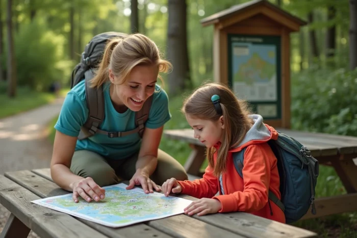 Mère et fille consultant une carte de randonnée à l'entrée du site du Pas de Roland