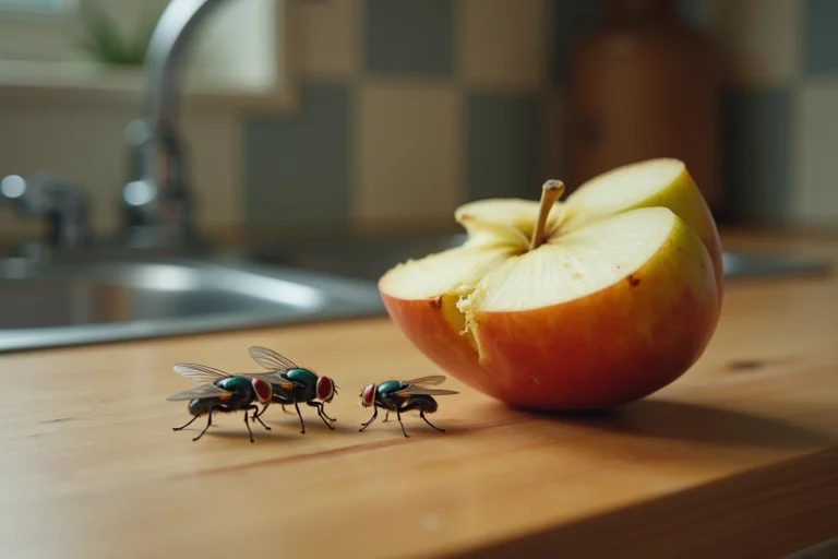 Gros plan de mouches domestiques sur un plan de travail de cuisine à côté d'un fruit entamé, illustrant les risques d'infestation à domicile