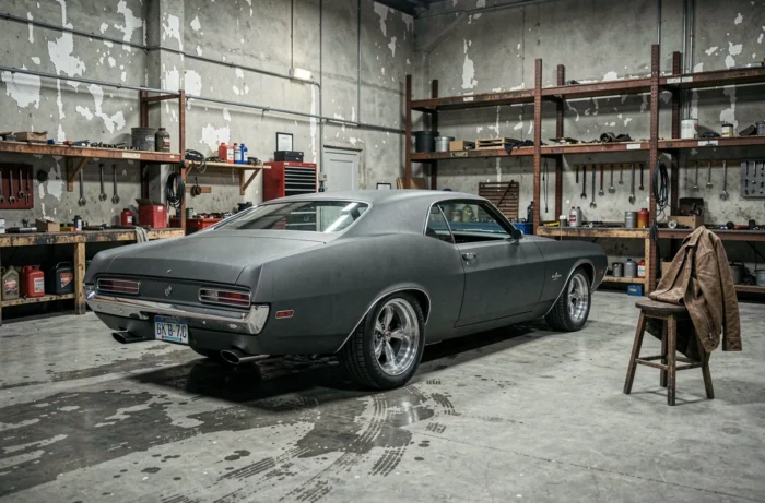 Muscle car américain des années 1970 dans un garage industriel vintage, symbole de l'automobile américaine emblématique