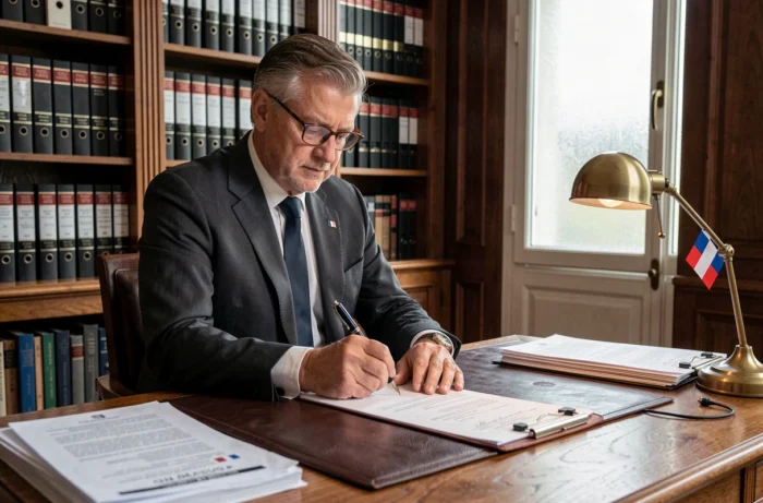 Notaire signant un acte de vente immobilière dans une étude notariale parisienne
