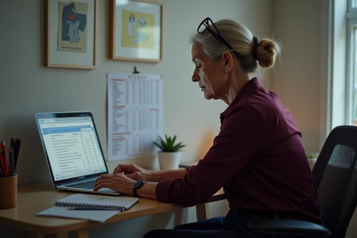 Une femme aux lunettes calcule le budget CESU pour une aide à domicile sur un ordinateur portable dans un bureau à la maison