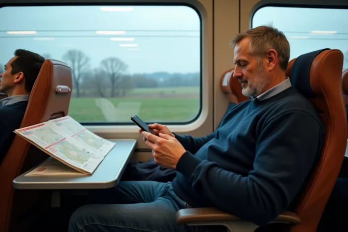 Homme vérifiant une application de transport sur smartphone à bord d'un train grande vitesse pendant un voyage