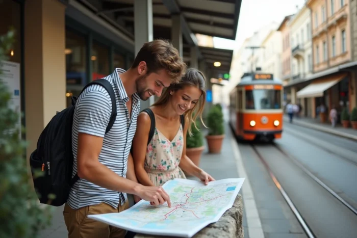 Couple de voyageurs consultant un plan de transport urbain à un arrêt de tram dans une ville européenne