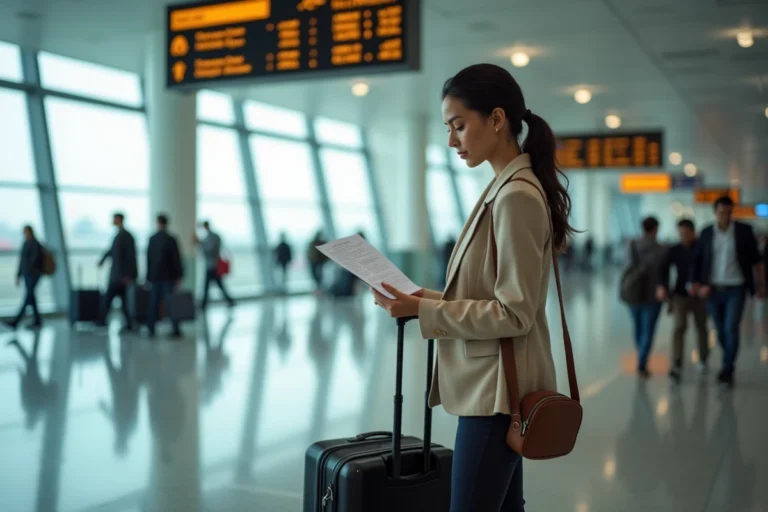 Femme consultant son itinéraire de voyage dans un aéroport international animé avec valise à roulettes