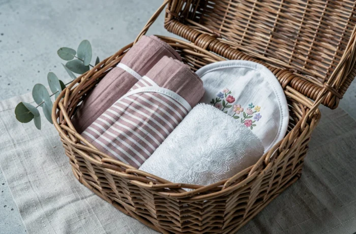 Panier en osier avec accessoires bébé tendance 2024 : lange mousseline, bavoir, gant de toilette et bonnet brodé en coton