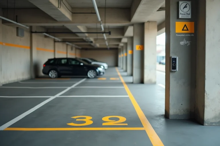 Parking souterrain en résidence avec emplacements numérotés et marquage au sol en jaune et blanc