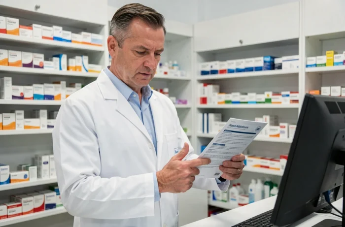 Pharmacien professionnel consultant une notice de complément alimentaire au comptoir d'une pharmacie moderne