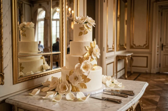 Pièce montée de mariage à cinq étages ornée de fleurs en sucre et feuilles d'or sur une console en marbre dans une salle Belle Époque