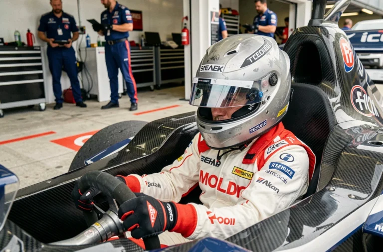 Pilote de Formule dans le cockpit d'un bolide de sport automobile lors d'une session en stand