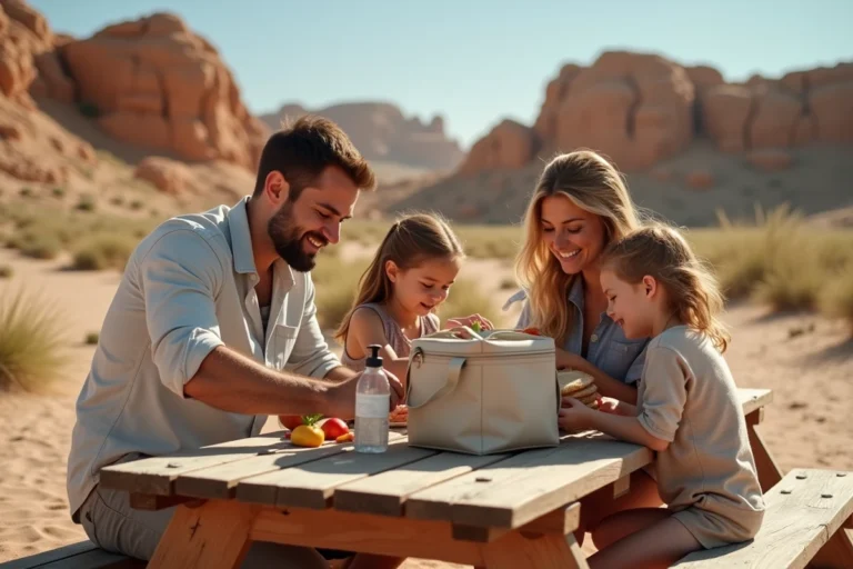 Famille en pique-nique à la Mer de Sable avec sandwiches et fruits sur une table en bois au milieu d'un paysage sablonneux