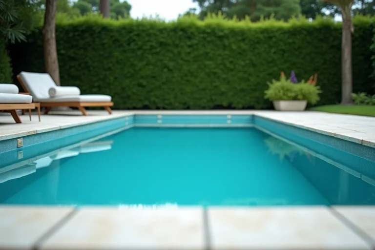Piscine coque bleue océan dans un jardin résidentiel avec margelles en calcaire et végétation verte, illustrant le rendu visuel d'une couleur de coque foncée