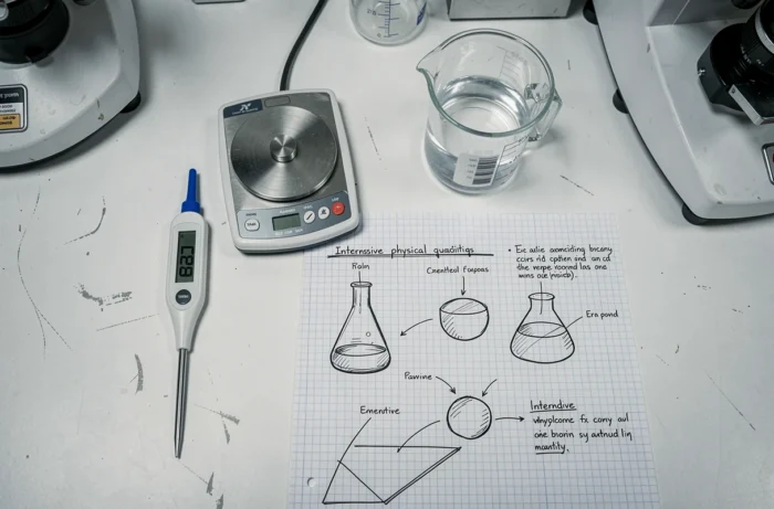 Vue de dessus d'un plan de travail scientifique avec thermomètre, balance et notes manuscrites sur les grandeurs physiques