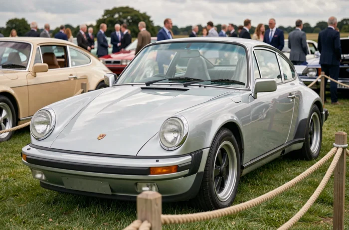 Porsche 911 argentée des années 1980 lors d'un concours automobile en plein air, icône de l'histoire de l'automobile moderne