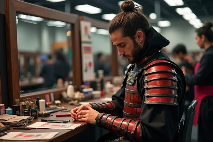 Homme en coulisses préparant son cosplay samouraï pour la Japan Expo, armure laquée rouge et noire avec maquillage en cours d'application