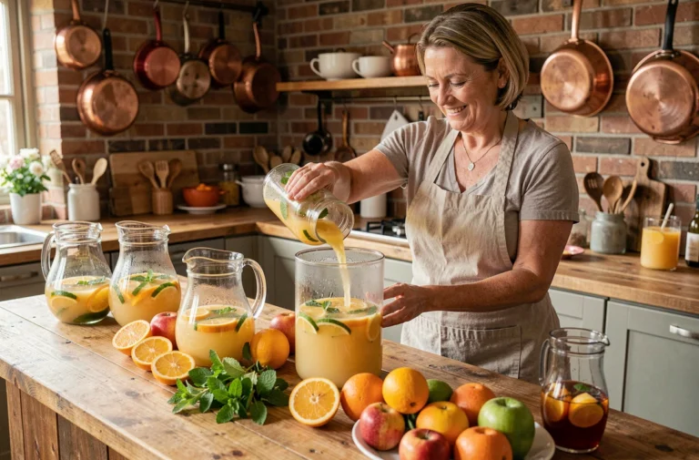 Femme préparant une grande quantité de punch fruité dans une cuisine rustique pour une soirée