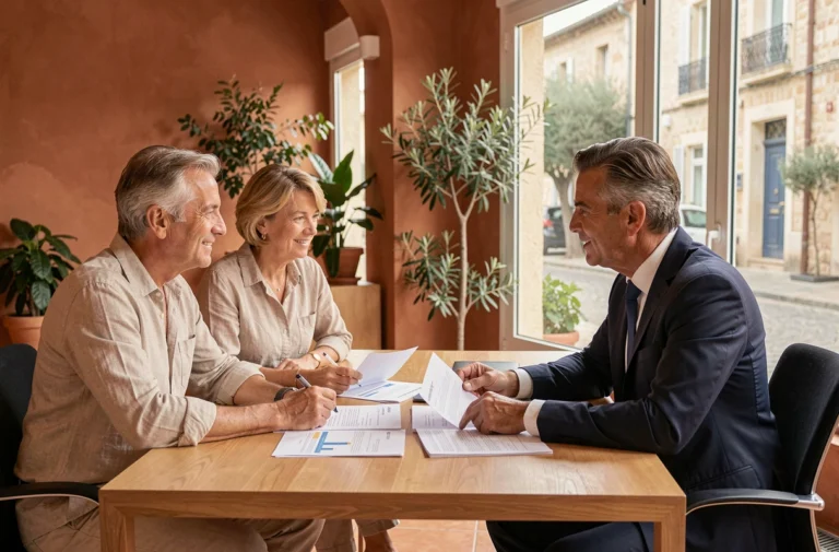 Couple consultant un conseiller bancaire pour un prêt immobilier à Pézenas en 2024