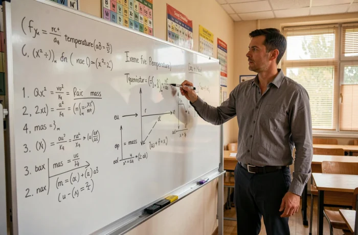 Professeur de sciences expliquant les grandeurs intensives et extensives au tableau dans une salle de classe