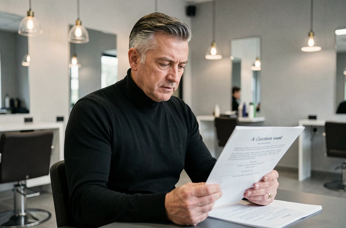 Propriétaire de salon de coiffure consultant un document juridique ou règlement professionnel à son bureau