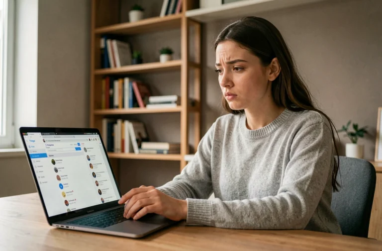 Jeune femme vérifiant les paramètres de confidentialité de ses réseaux sociaux sur un ordinateur portable pour protéger ses contenus personnels