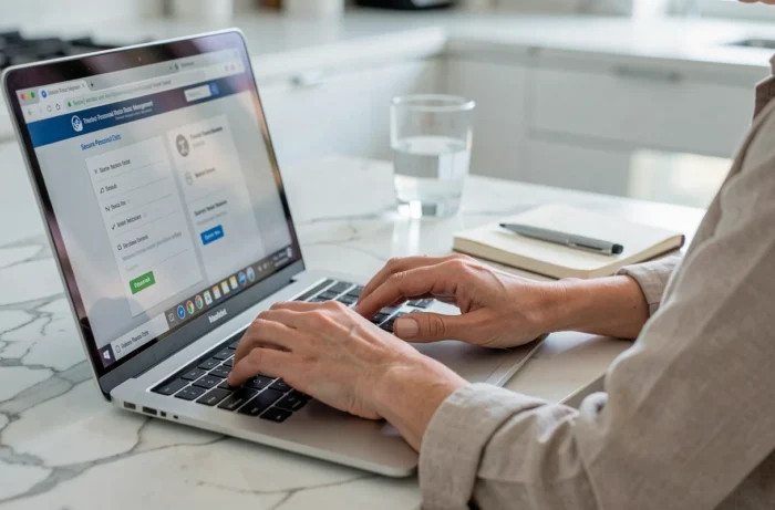 Gros plan sur des mains tapant un mot de passe pour protéger des données personnelles sur un portail en ligne de type MyArkevia