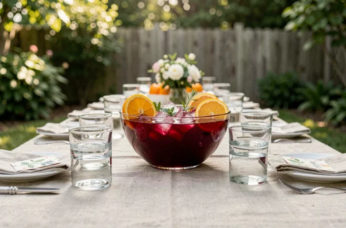 Grande coupe de punch rouge aux agrumes préparée pour une fête en plein air dans un jardin d'été