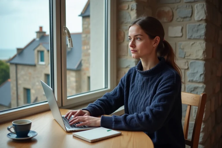 Femme bretonne cherchant un emploi sur son ordinateur portable dans un bureau à domicile avec vue sur une ville côtière bretonne