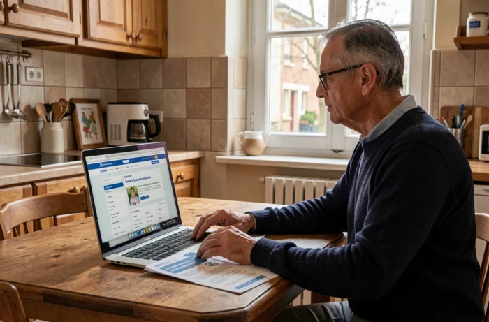 Homme recherchant comment contacter une mutuelle santé en Isère sur un ordinateur portable à domicile