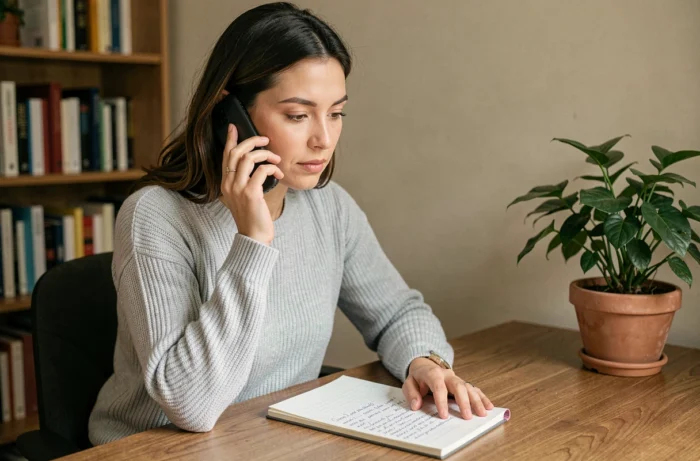 Femme faisant une réclamation téléphonique au service client Sosh depuis son bureau à domicile