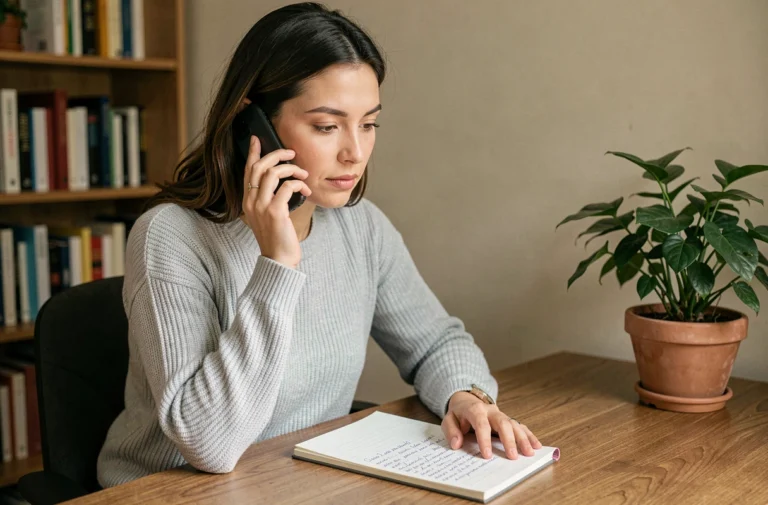 Femme faisant une réclamation téléphonique au service client Sosh depuis son bureau à domicile