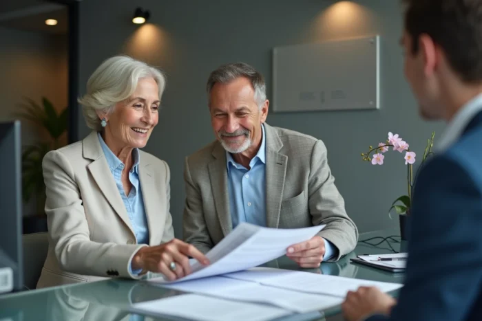 Couple en rendez-vous en agence pour contacter et résoudre une demande auprès du service client Crédit Foncier