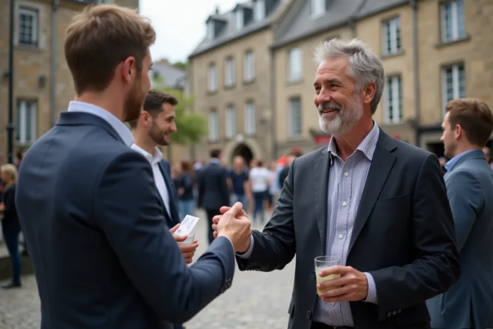 Deux professionnels échangeant des cartes de visite lors d'un événement de networking terrain dans une place de ville bretonne en granit