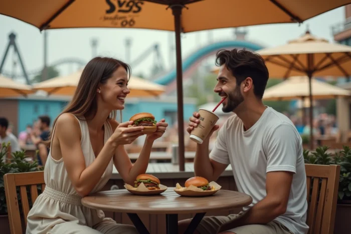 Couple mangeant un burger sur la terrasse d'un restaurant de la Mer de Sable avec vue sur le parc en arrière-plan