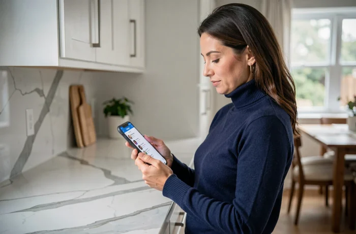 Femme consultant la gestion de ses invitations Instagram depuis son smartphone dans une cuisine moderne