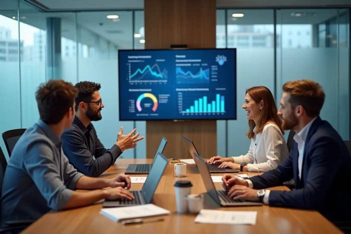 Équipe professionnelle en réunion discutant d'une stratégie de communication d'entreprise autour d'une table de conférence