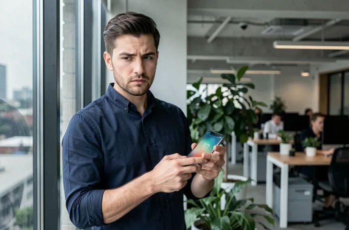 Homme professionnel consultant son smartphone pour vérifier la sécurité de ses contenus numériques dans un espace de coworking