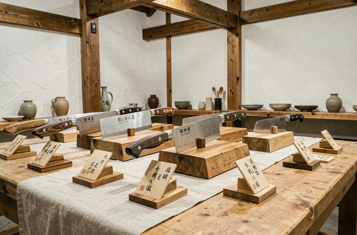 Sélection de couteaux japonais artisanaux exposés dans une boutique spécialisée avec fiches descriptives en calligraphie