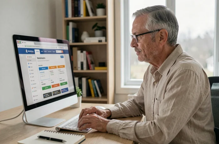 Homme senior comparant des offres de mutuelle santé sur ordinateur à son bureau, pour faire face aux besoins liés à une maladie chronique