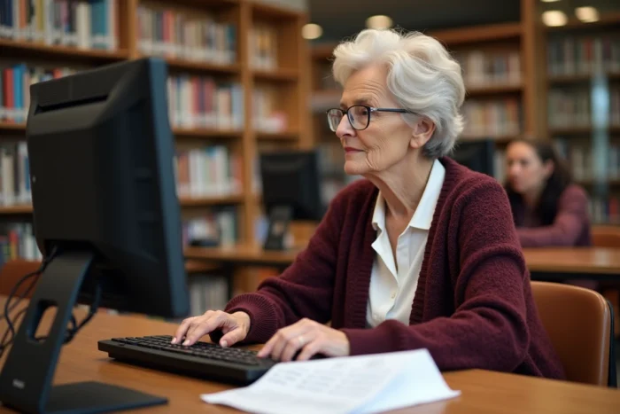 Femme senior effectuant une démarche administrative d'état civil en ligne dans une bibliothèque publique