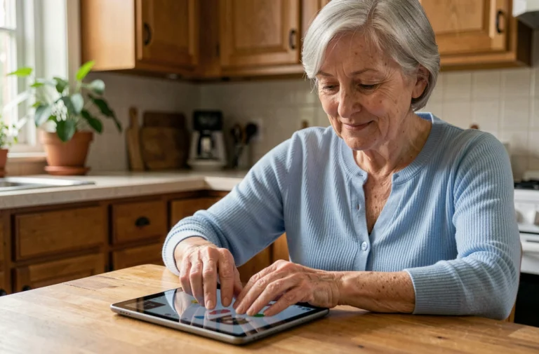 Une femme senior aux cheveux gris courts utilisant une tablette tactile dans sa cuisine, illustrant l'autonomie numérique des personnes âgées