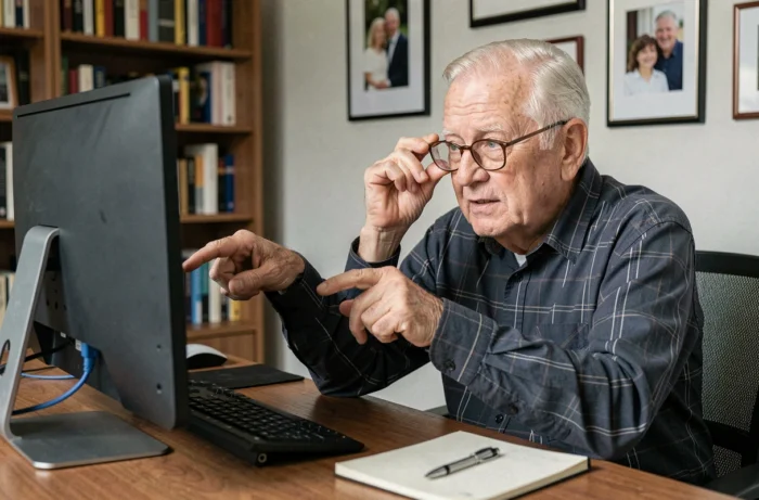 Un homme âgé utilisant un ordinateur de bureau dans son bureau à domicile, représentant l'apprentissage informatique pour les seniors