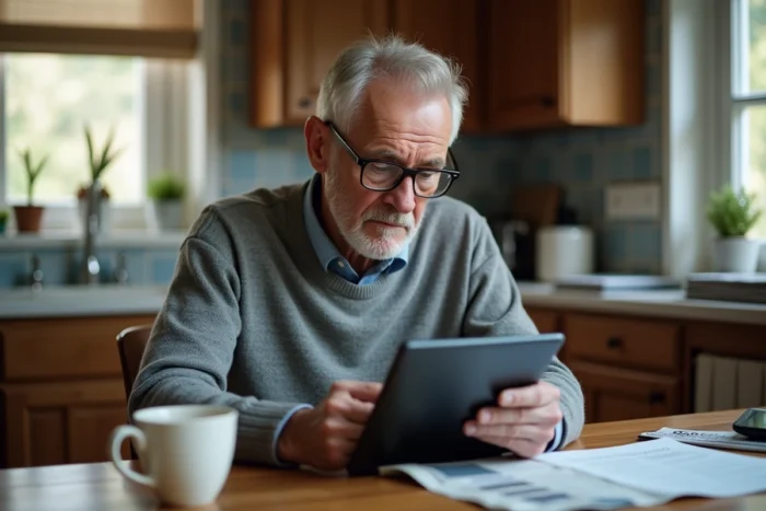 Homme senior apprenant à utiliser une tablette numérique à domicile, illustrant les défis d'inclusion et d'accessibilité de la transformation numérique pour les seniors