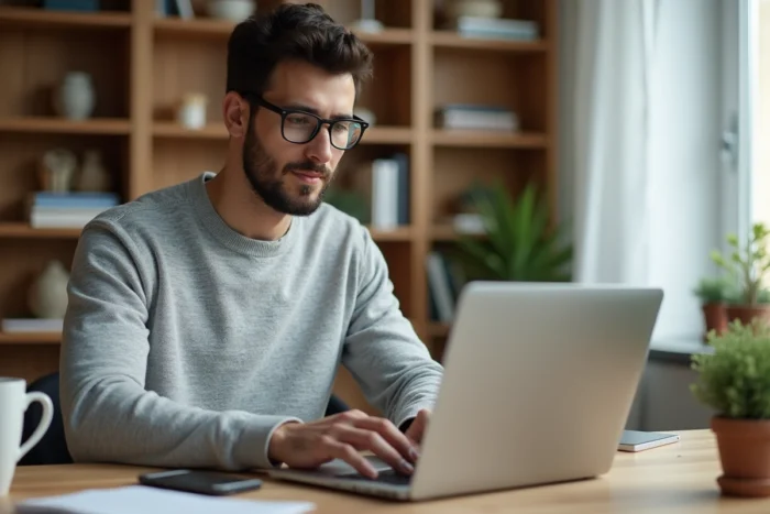 Homme cherchant les coordonnées du service client Crédit Foncier en ligne depuis son bureau à domicile