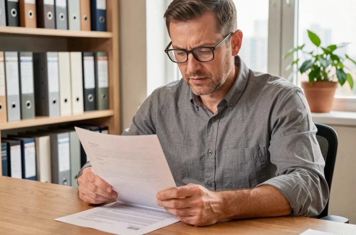 Homme en train de lire et signer un contrat de bail pour une location immobilière à domicile