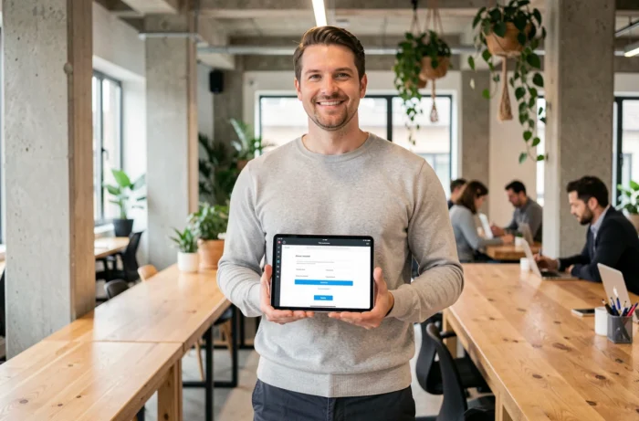 Man die digitale vastgoeddocumenten ondertekent op een tablet in een coworkingruimte