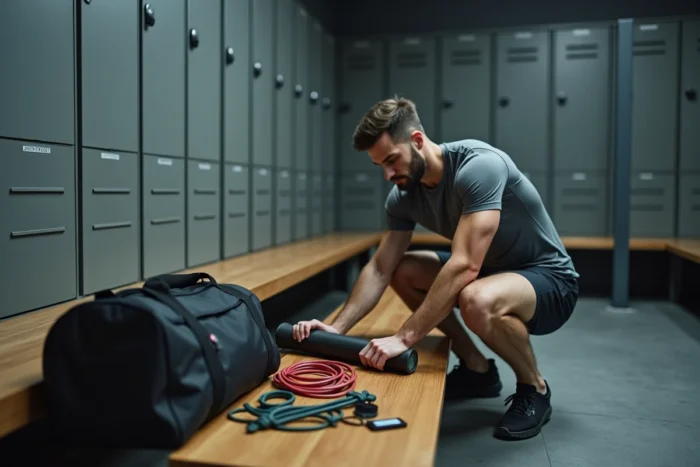 Sportif organisant son équipement de fitness dans un vestiaire de salle de sport moderne